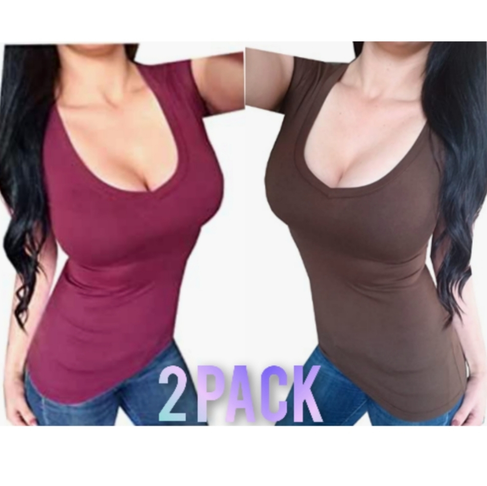 2 pack vneck lowcut sexy solid short sleeve tops
